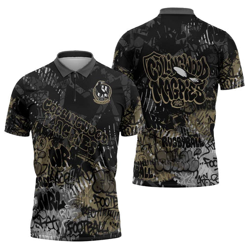 Collingwood Magpies Zipper Polo Shirt Urban Graffiti Street Art - Bold Abstract Spray Paint