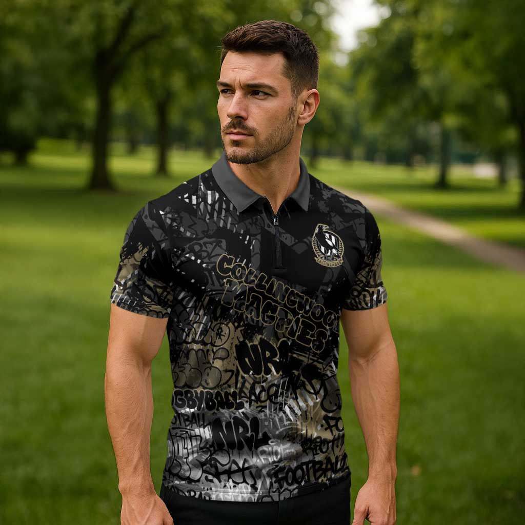 Collingwood Magpies Zipper Polo Shirt Urban Graffiti Street Art - Bold Abstract Spray Paint