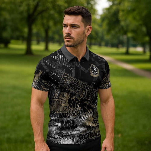 Collingwood Magpies Zipper Polo Shirt Urban Graffiti Street Art - Bold Abstract Spray Paint