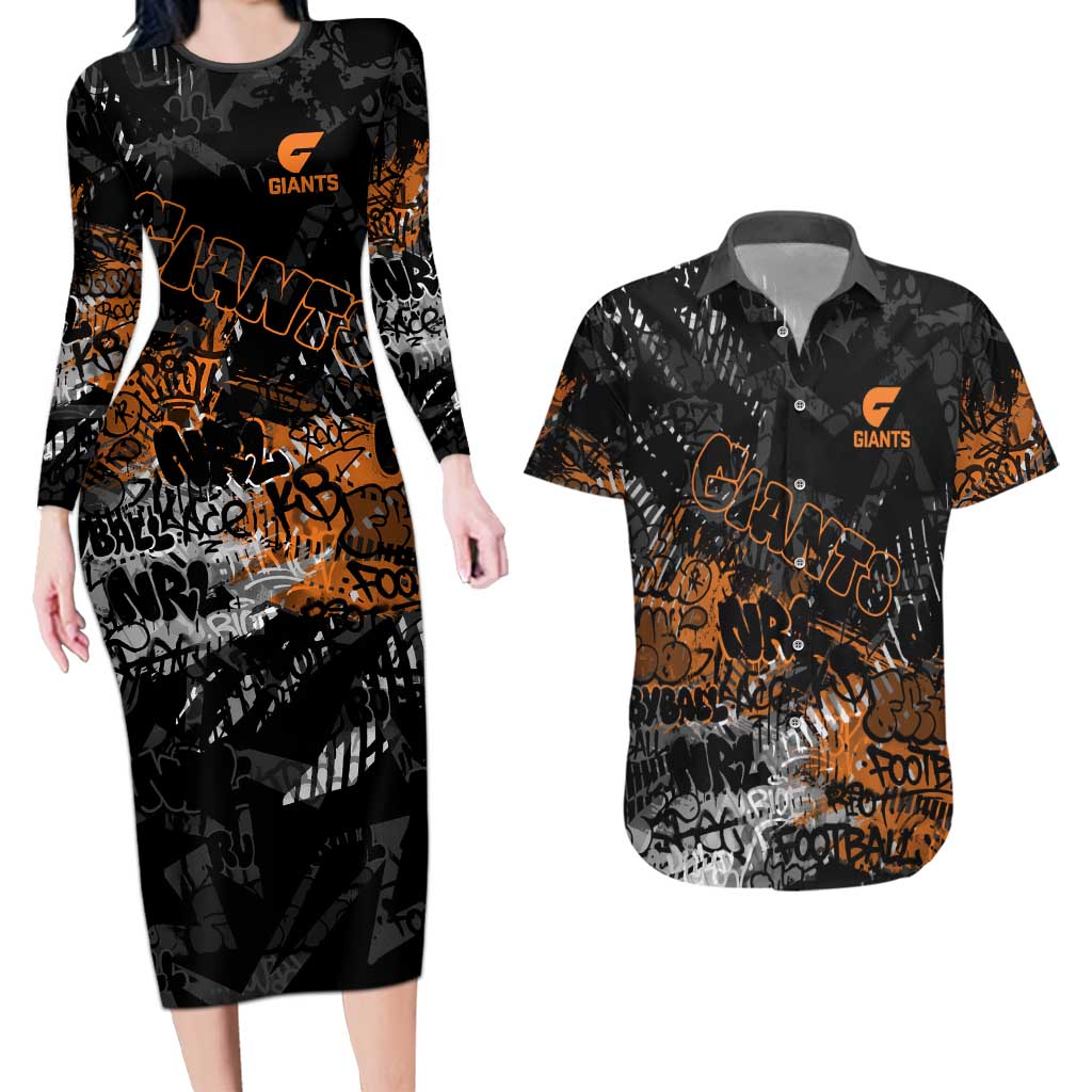 Greater Western Sydney Giants Couples Matching Long Sleeve Bodycon Dress and Hawaiian Shirt Urban Graffiti Street Art - Bold Abstract Spray Paint