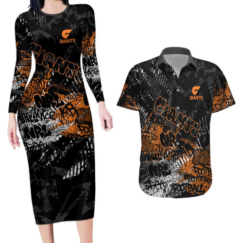 Greater Western Sydney Giants Couples Matching Long Sleeve Bodycon Dress and Hawaiian Shirt Urban Graffiti Street Art - Bold Abstract Spray Paint