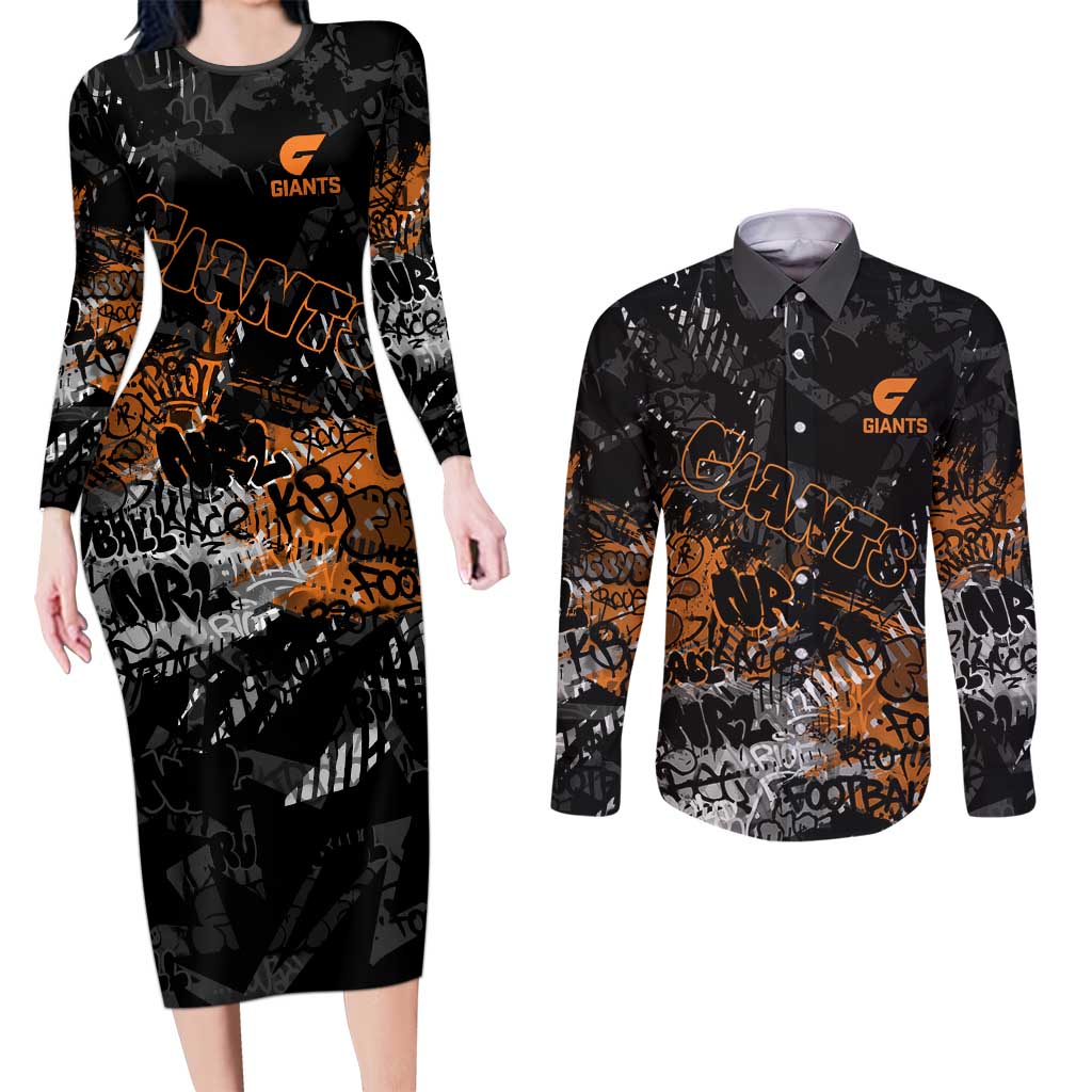 Greater Western Sydney Giants Couples Matching Long Sleeve Bodycon Dress and Long Sleeve Button Shirt Urban Graffiti Street Art - Bold Abstract Spray Paint