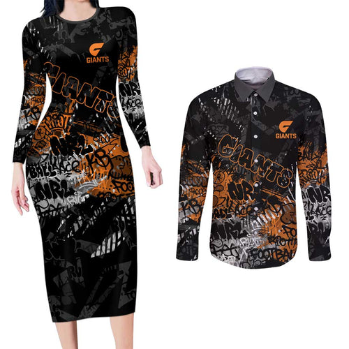 Greater Western Sydney Giants Couples Matching Long Sleeve Bodycon Dress and Long Sleeve Button Shirt Urban Graffiti Street Art - Bold Abstract Spray Paint