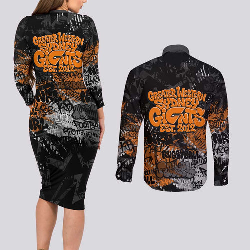 Greater Western Sydney Giants Couples Matching Long Sleeve Bodycon Dress and Long Sleeve Button Shirt Urban Graffiti Street Art - Bold Abstract Spray Paint