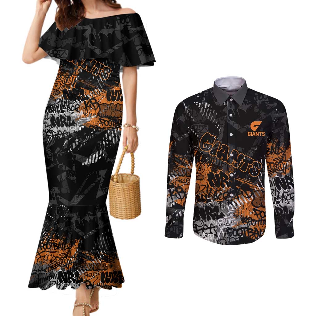 Greater Western Sydney Giants Couples Matching Mermaid Dress and Long Sleeve Button Shirt Urban Graffiti Street Art - Bold Abstract Spray Paint