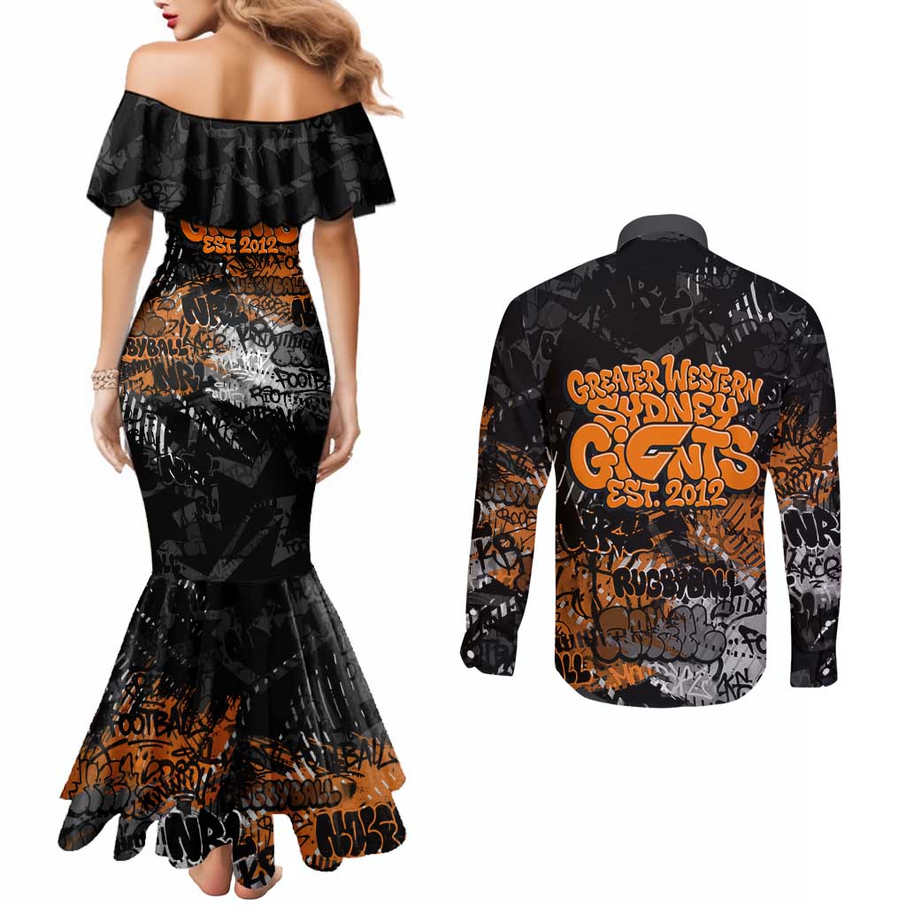Greater Western Sydney Giants Couples Matching Mermaid Dress and Long Sleeve Button Shirt Urban Graffiti Street Art - Bold Abstract Spray Paint