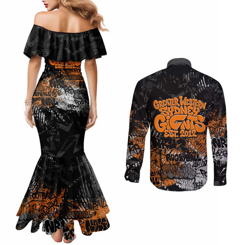 Greater Western Sydney Giants Couples Matching Mermaid Dress and Long Sleeve Button Shirt Urban Graffiti Street Art - Bold Abstract Spray Paint