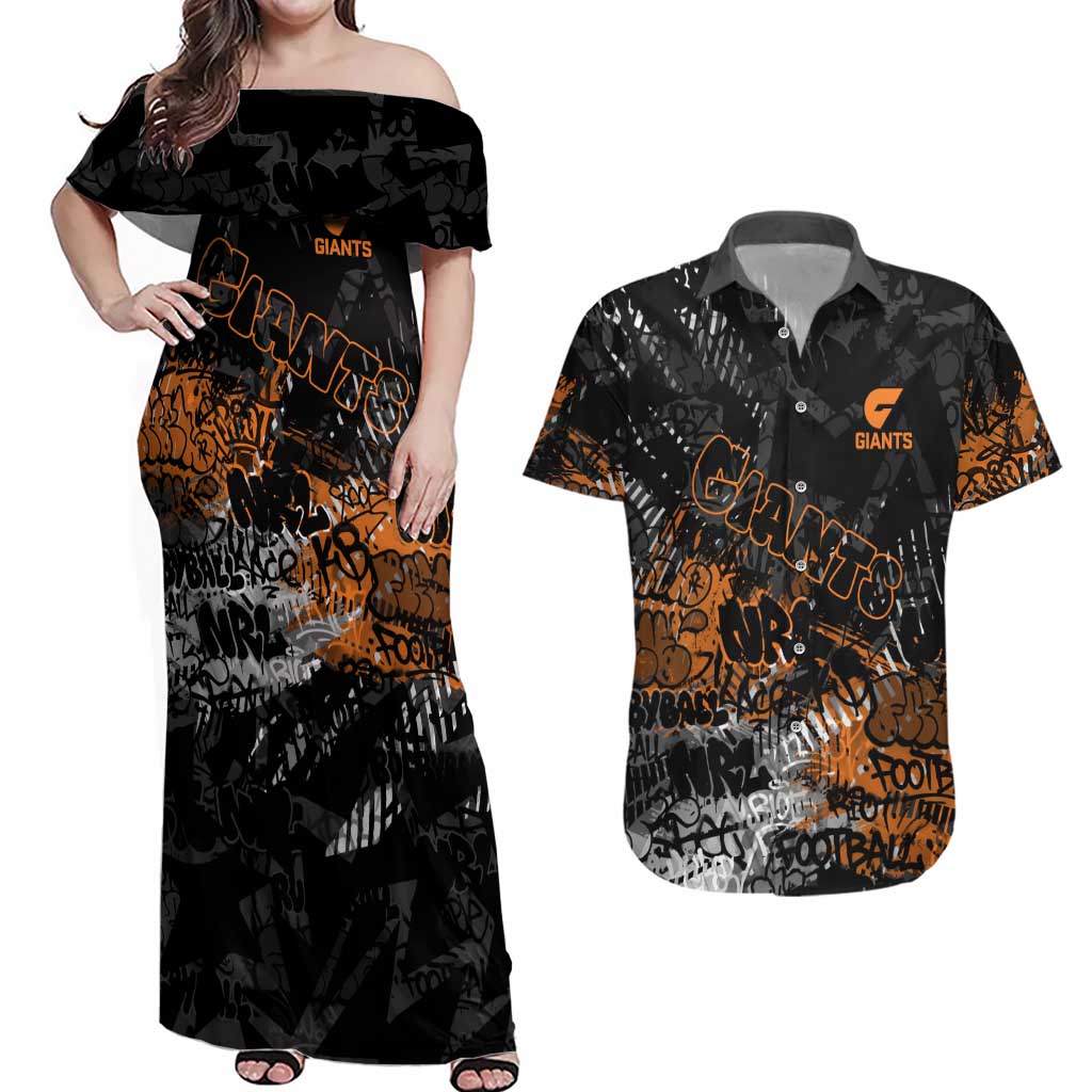 Greater Western Sydney Giants Couples Matching Off Shoulder Maxi Dress and Hawaiian Shirt Urban Graffiti Street Art - Bold Abstract Spray Paint