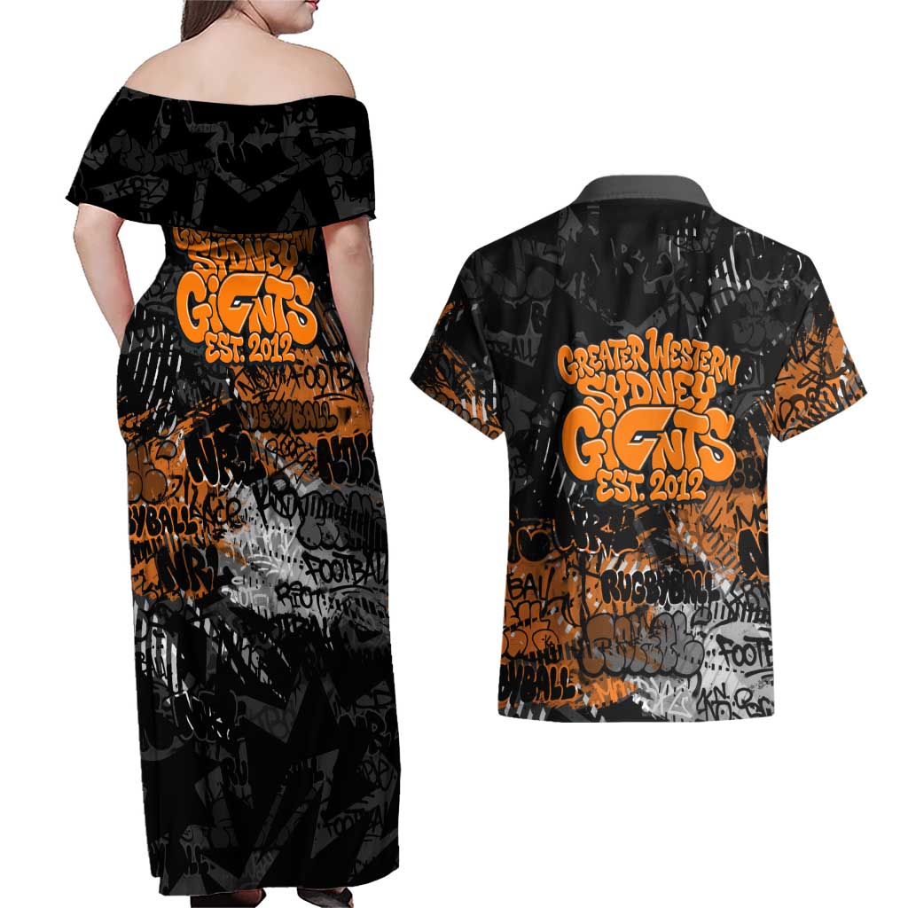 Greater Western Sydney Giants Couples Matching Off Shoulder Maxi Dress and Hawaiian Shirt Urban Graffiti Street Art - Bold Abstract Spray Paint