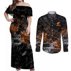 Greater Western Sydney Giants Couples Matching Off Shoulder Maxi Dress and Long Sleeve Button Shirt Urban Graffiti Street Art - Bold Abstract Spray Paint