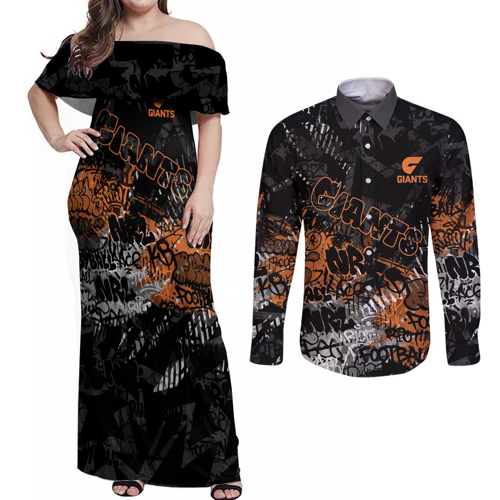 Greater Western Sydney Giants Couples Matching Off Shoulder Maxi Dress and Long Sleeve Button Shirt Urban Graffiti Street Art - Bold Abstract Spray Paint