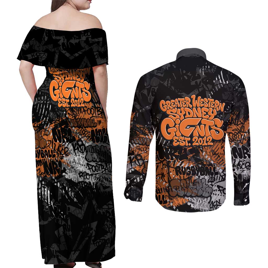 Greater Western Sydney Giants Couples Matching Off Shoulder Maxi Dress and Long Sleeve Button Shirt Urban Graffiti Street Art - Bold Abstract Spray Paint