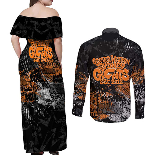 Greater Western Sydney Giants Couples Matching Off Shoulder Maxi Dress and Long Sleeve Button Shirt Urban Graffiti Street Art - Bold Abstract Spray Paint