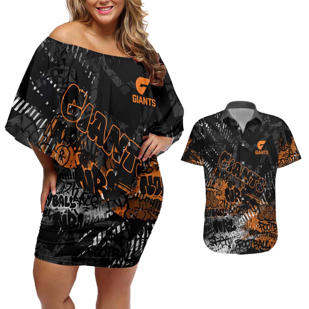 Greater Western Sydney Giants Couples Matching Off Shoulder Short Dress and Hawaiian Shirt Urban Graffiti Street Art - Bold Abstract Spray Paint