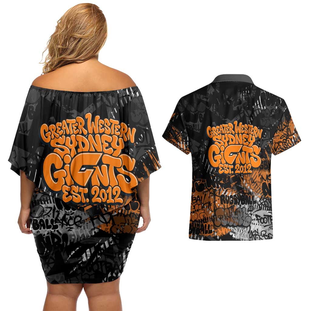 Greater Western Sydney Giants Couples Matching Off Shoulder Short Dress and Hawaiian Shirt Urban Graffiti Street Art - Bold Abstract Spray Paint