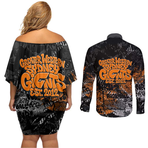 Greater Western Sydney Giants Couples Matching Off Shoulder Short Dress and Long Sleeve Button Shirt Urban Graffiti Street Art - Bold Abstract Spray Paint
