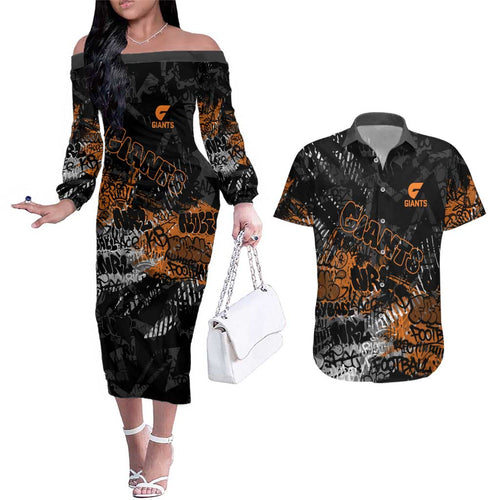 Greater Western Sydney Giants Couples Matching Off The Shoulder Long Sleeve Dress and Hawaiian Shirt Urban Graffiti Street Art - Bold Abstract Spray Paint