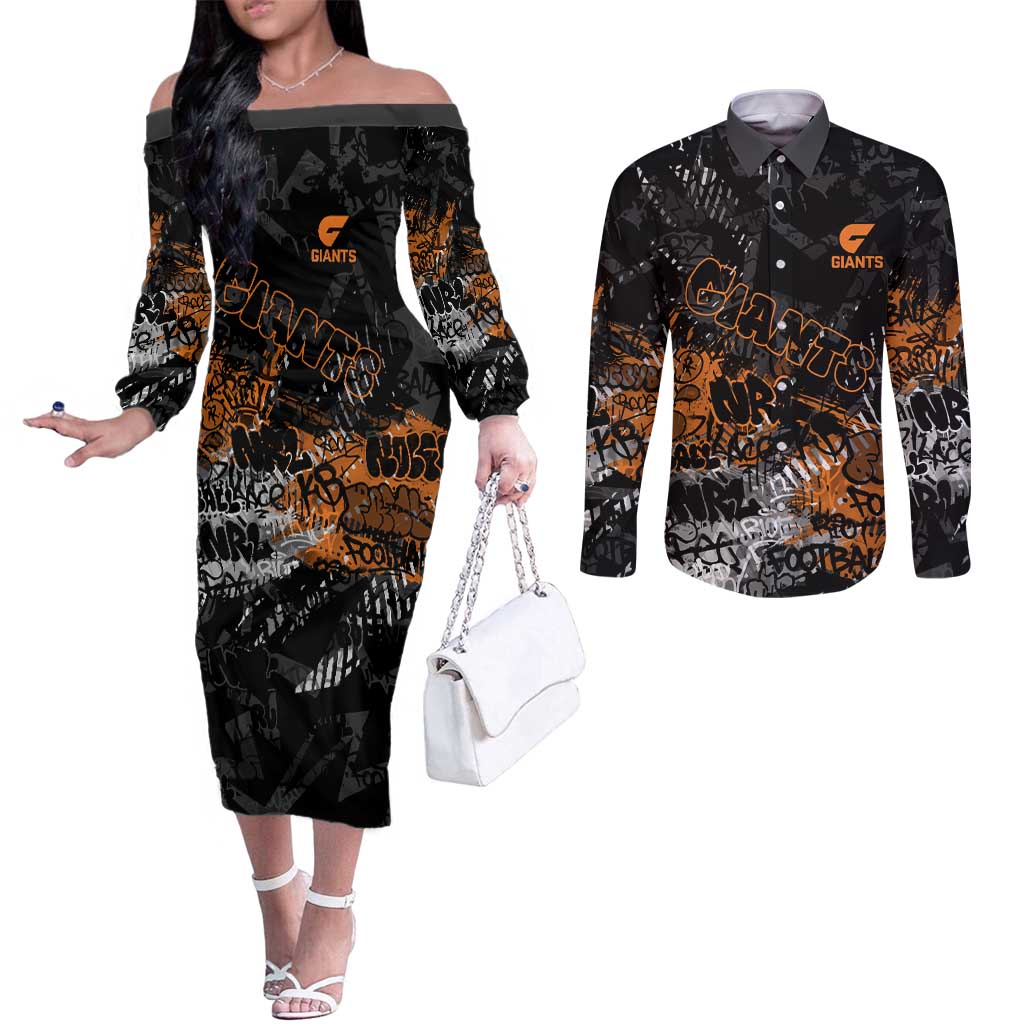 Greater Western Sydney Giants Couples Matching Off The Shoulder Long Sleeve Dress and Long Sleeve Button Shirt Urban Graffiti Street Art - Bold Abstract Spray Paint