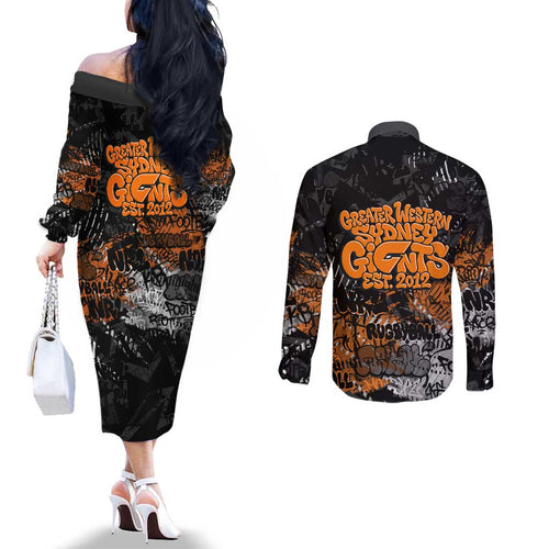 Greater Western Sydney Giants Couples Matching Off The Shoulder Long Sleeve Dress and Long Sleeve Button Shirt Urban Graffiti Street Art - Bold Abstract Spray Paint