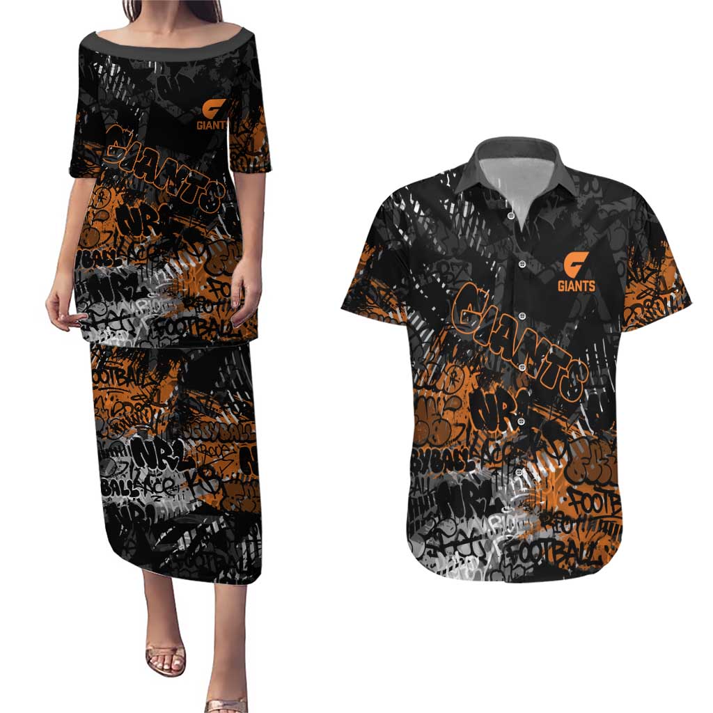Greater Western Sydney Giants Couples Matching Puletasi and Hawaiian Shirt Urban Graffiti Street Art - Bold Abstract Spray Paint