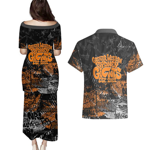 Greater Western Sydney Giants Couples Matching Puletasi and Hawaiian Shirt Urban Graffiti Street Art - Bold Abstract Spray Paint