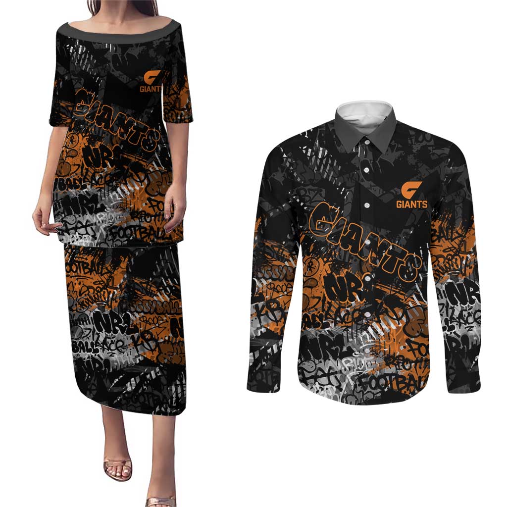 Greater Western Sydney Giants Couples Matching Puletasi and Long Sleeve Button Shirt Urban Graffiti Street Art - Bold Abstract Spray Paint