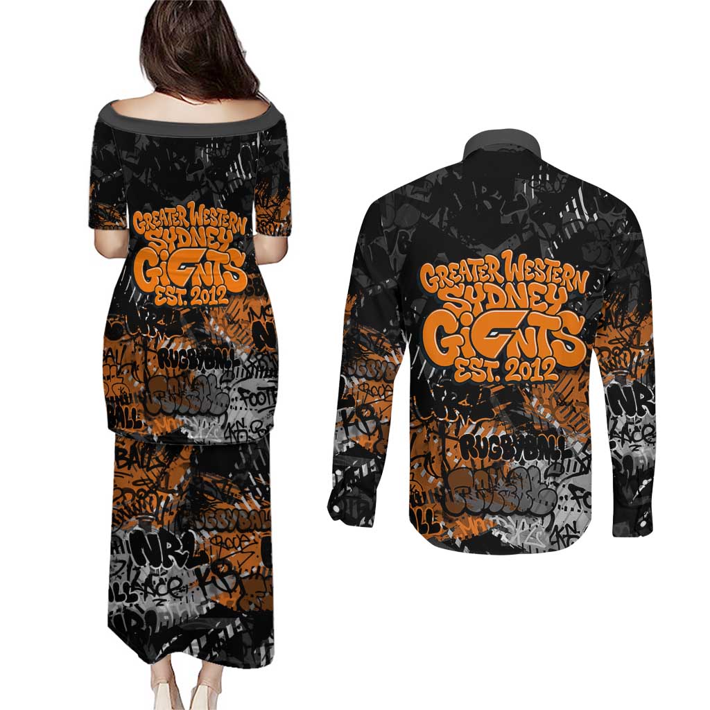 Greater Western Sydney Giants Couples Matching Puletasi and Long Sleeve Button Shirt Urban Graffiti Street Art - Bold Abstract Spray Paint