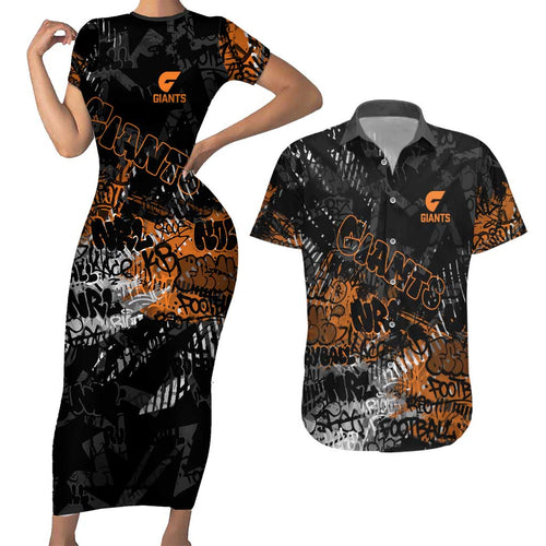 Greater Western Sydney Giants Couples Matching Short Sleeve Bodycon Dress and Hawaiian Shirt Urban Graffiti Street Art - Bold Abstract Spray Paint