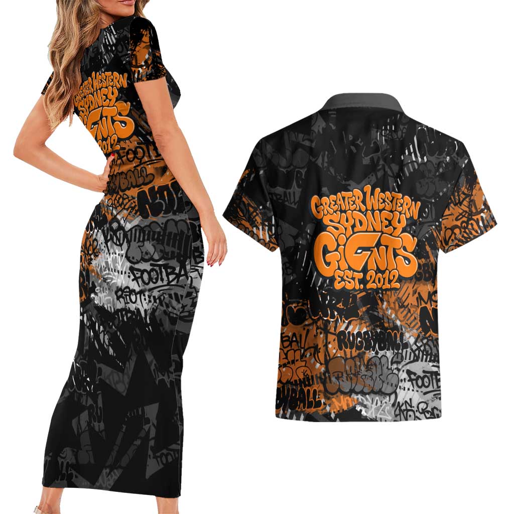 Greater Western Sydney Giants Couples Matching Short Sleeve Bodycon Dress and Hawaiian Shirt Urban Graffiti Street Art - Bold Abstract Spray Paint