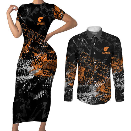 Greater Western Sydney Giants Couples Matching Short Sleeve Bodycon Dress and Long Sleeve Button Shirt Urban Graffiti Street Art - Bold Abstract Spray Paint