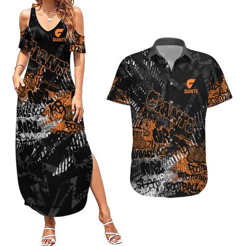 Greater Western Sydney Giants Couples Matching Summer Maxi Dress and Hawaiian Shirt Urban Graffiti Street Art - Bold Abstract Spray Paint
