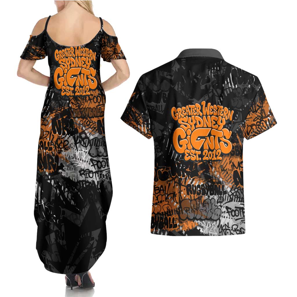 Greater Western Sydney Giants Couples Matching Summer Maxi Dress and Hawaiian Shirt Urban Graffiti Street Art - Bold Abstract Spray Paint
