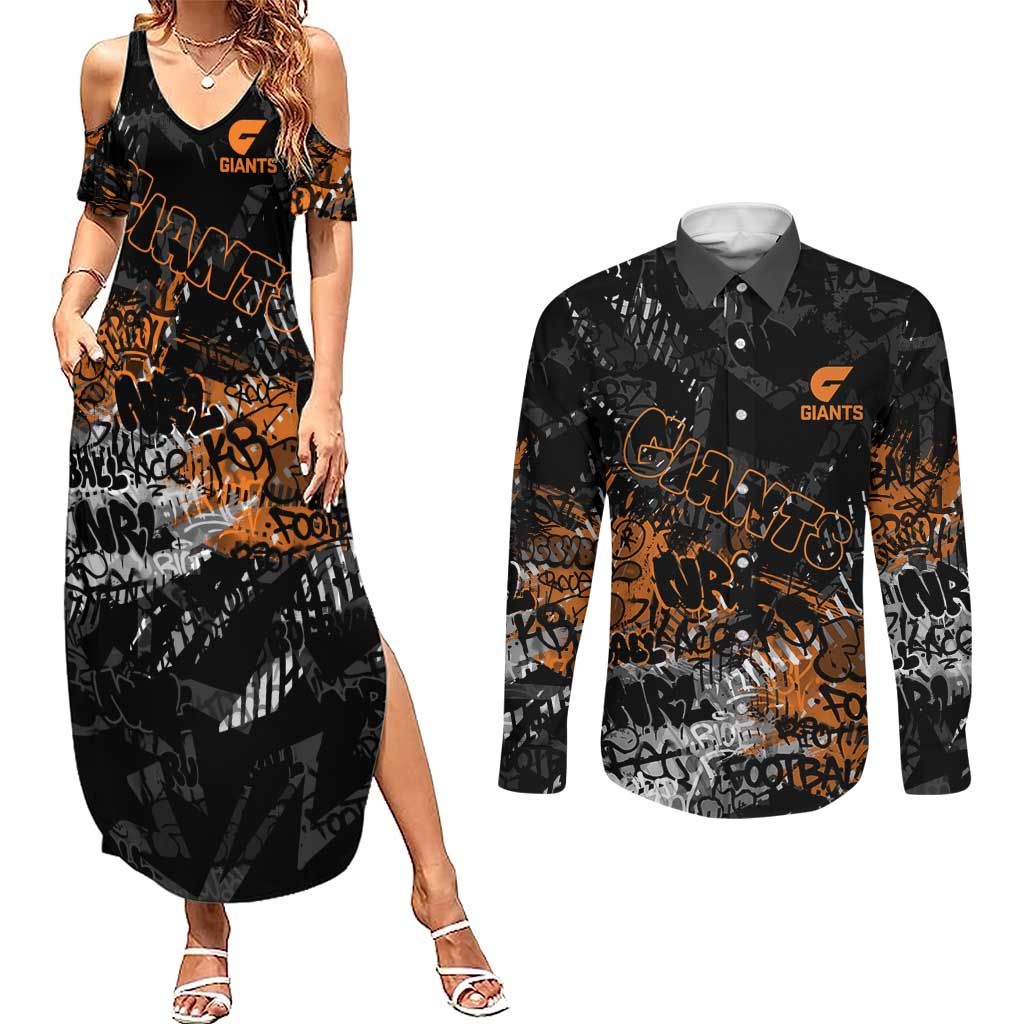 Greater Western Sydney Giants Couples Matching Summer Maxi Dress and Long Sleeve Button Shirt Urban Graffiti Street Art - Bold Abstract Spray Paint