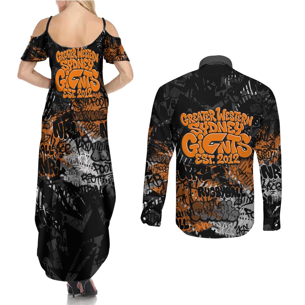 Greater Western Sydney Giants Couples Matching Summer Maxi Dress and Long Sleeve Button Shirt Urban Graffiti Street Art - Bold Abstract Spray Paint