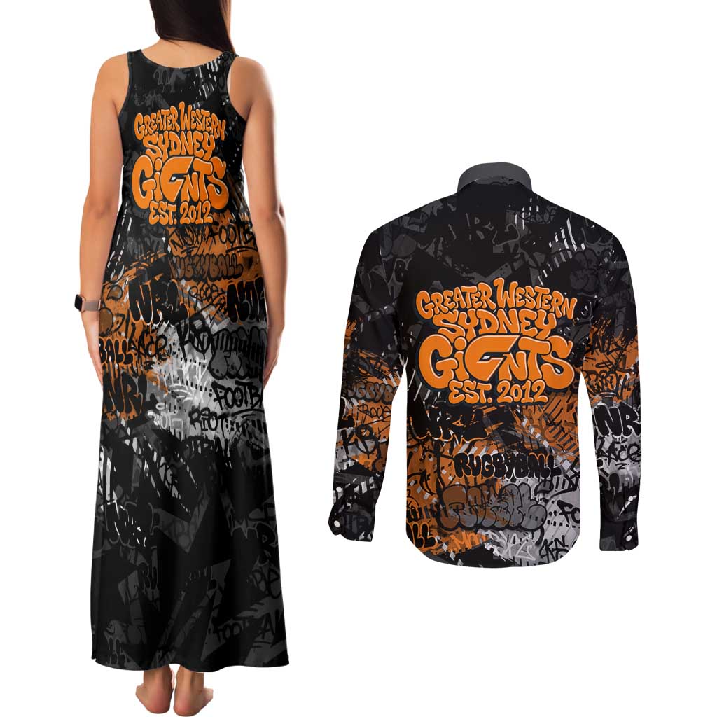 Greater Western Sydney Giants Couples Matching Tank Maxi Dress and Long Sleeve Button Shirt Urban Graffiti Street Art - Bold Abstract Spray Paint