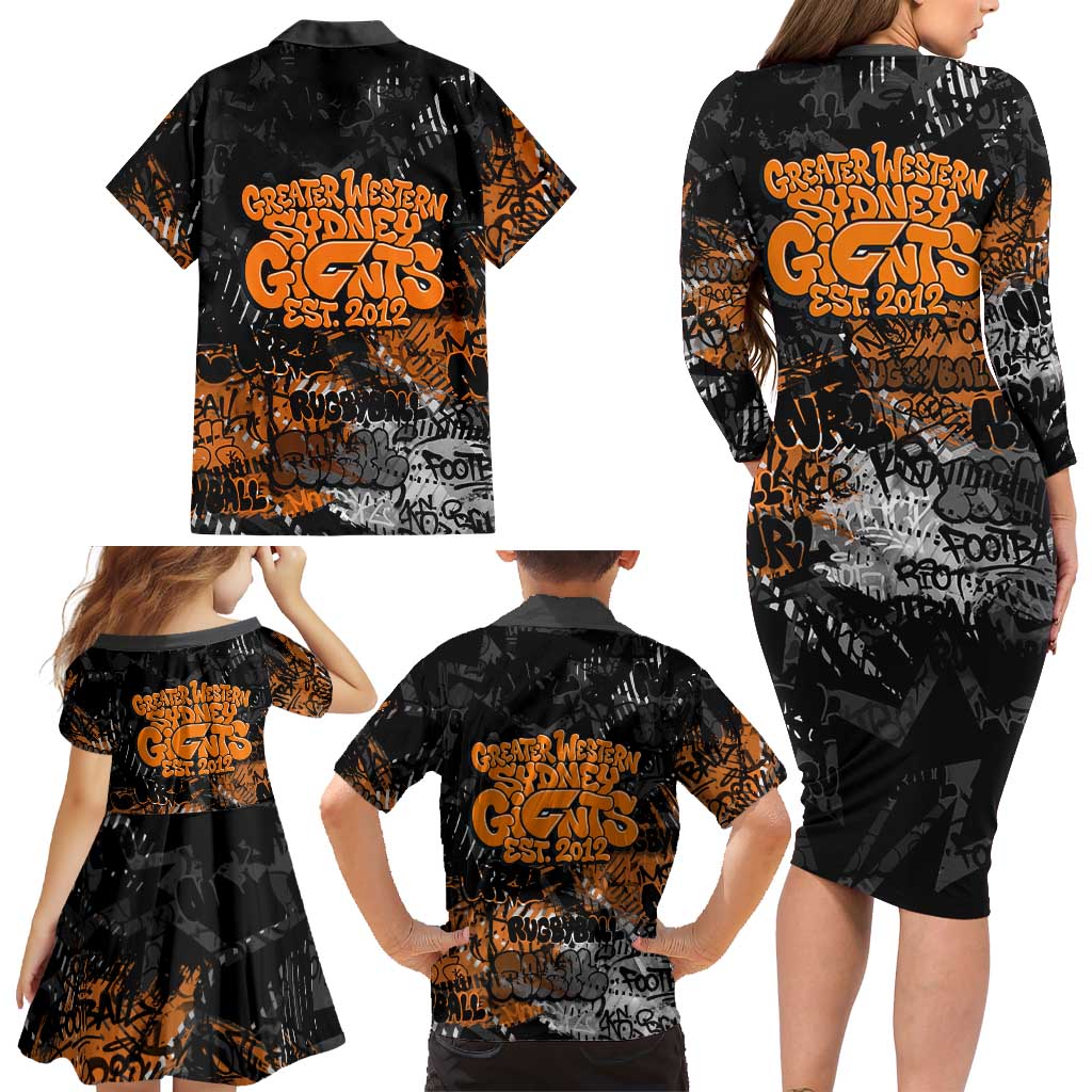 Greater Western Sydney Giants Family Matching Long Sleeve Bodycon Dress and Hawaiian Shirt Urban Graffiti Street Art - Bold Abstract Spray Paint