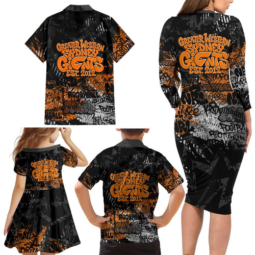 Greater Western Sydney Giants Family Matching Long Sleeve Bodycon Dress and Hawaiian Shirt Urban Graffiti Street Art - Bold Abstract Spray Paint
