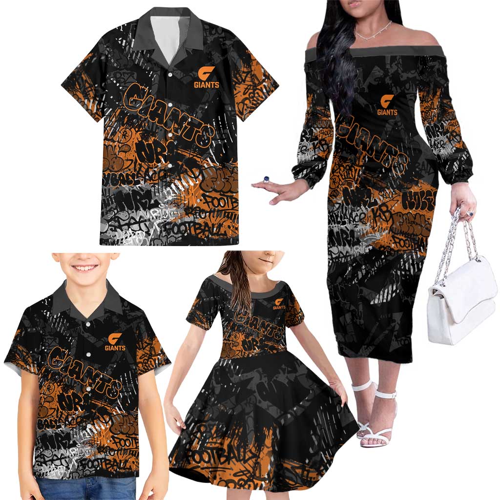 Greater Western Sydney Giants Family Matching Off The Shoulder Long Sleeve Dress and Hawaiian Shirt Urban Graffiti Street Art - Bold Abstract Spray Paint