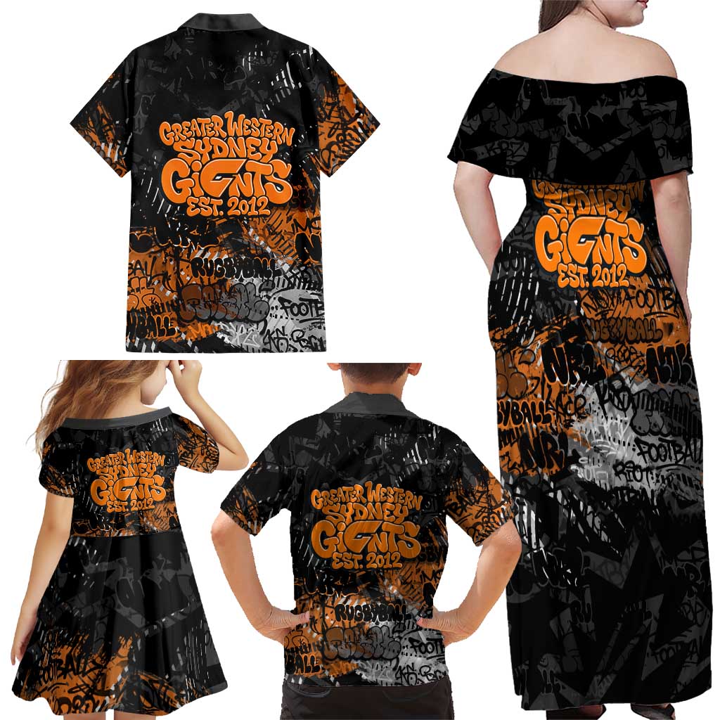 Greater Western Sydney Giants Family Matching Off Shoulder Maxi Dress and Hawaiian Shirt Urban Graffiti Street Art - Bold Abstract Spray Paint
