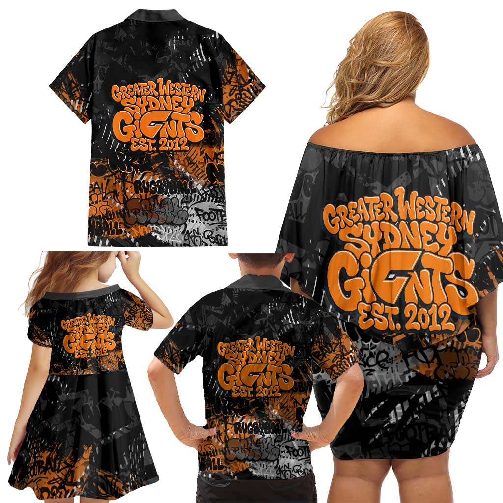 Greater Western Sydney Giants Family Matching Off Shoulder Short Dress and Hawaiian Shirt Urban Graffiti Street Art - Bold Abstract Spray Paint