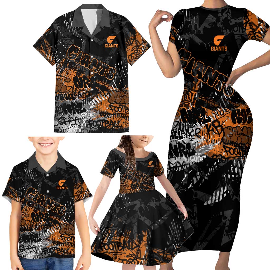 Greater Western Sydney Giants Family Matching Short Sleeve Bodycon Dress and Hawaiian Shirt Urban Graffiti Street Art - Bold Abstract Spray Paint