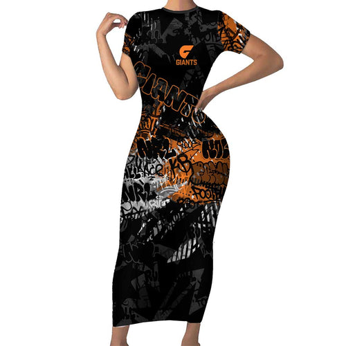 Greater Western Sydney Giants Family Matching Short Sleeve Bodycon Dress and Hawaiian Shirt Urban Graffiti Street Art - Bold Abstract Spray Paint