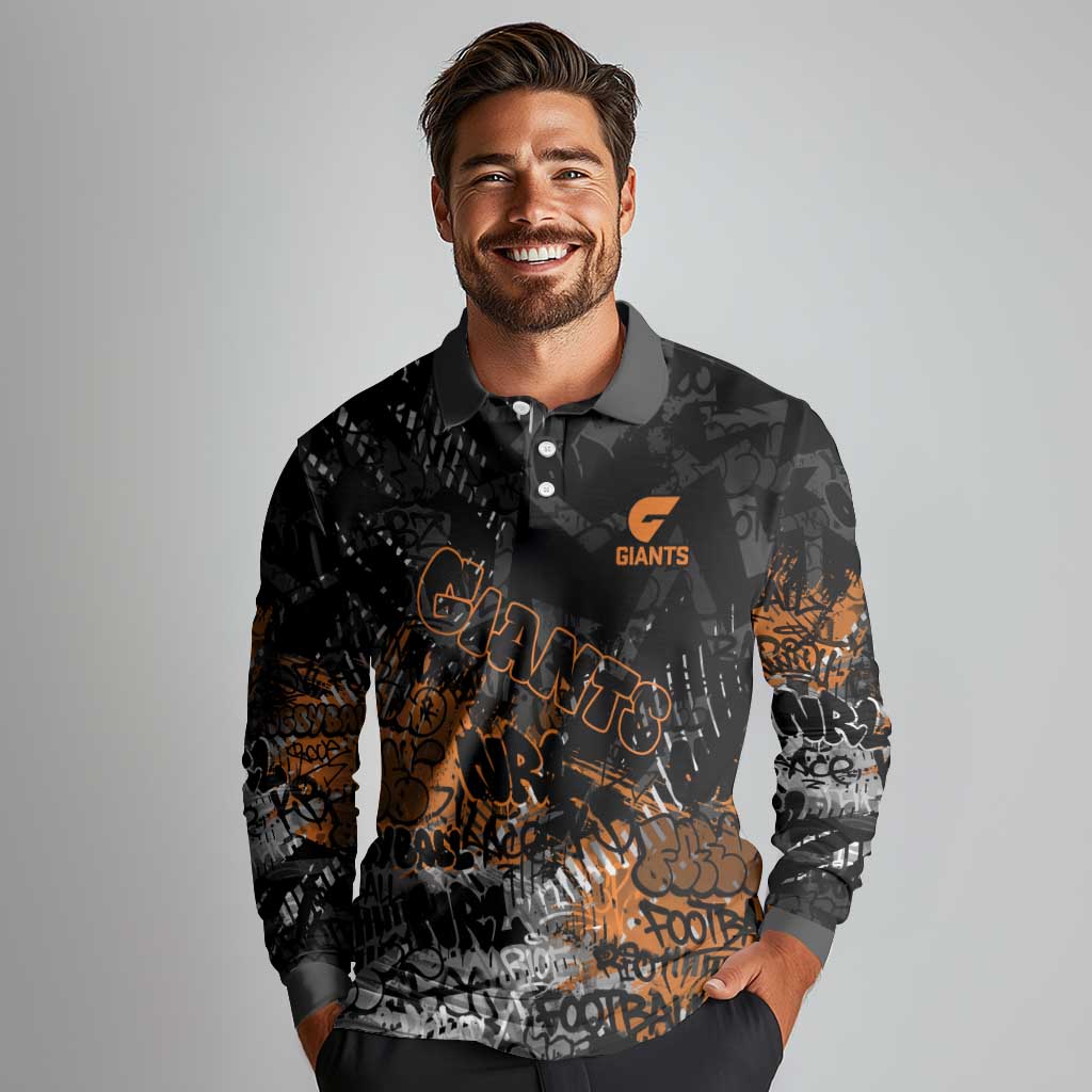 Greater Western Sydney Giants Long Sleeve Polo Shirt Urban Graffiti Street Art - Bold Abstract Spray Paint