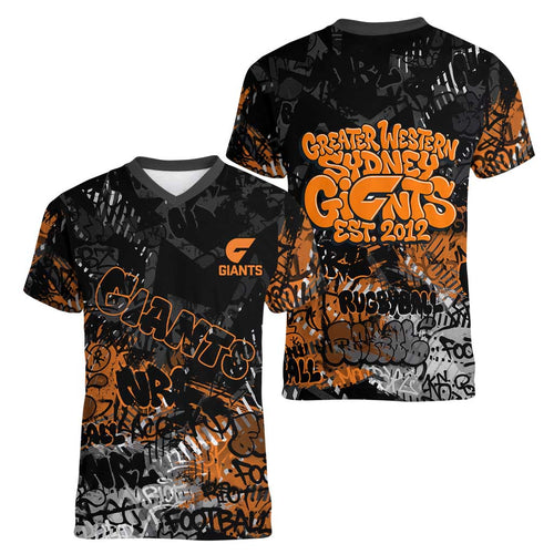 Greater Western Sydney Giants Women V-Neck T-Shirt Urban Graffiti Street Art - Bold Abstract Spray Paint