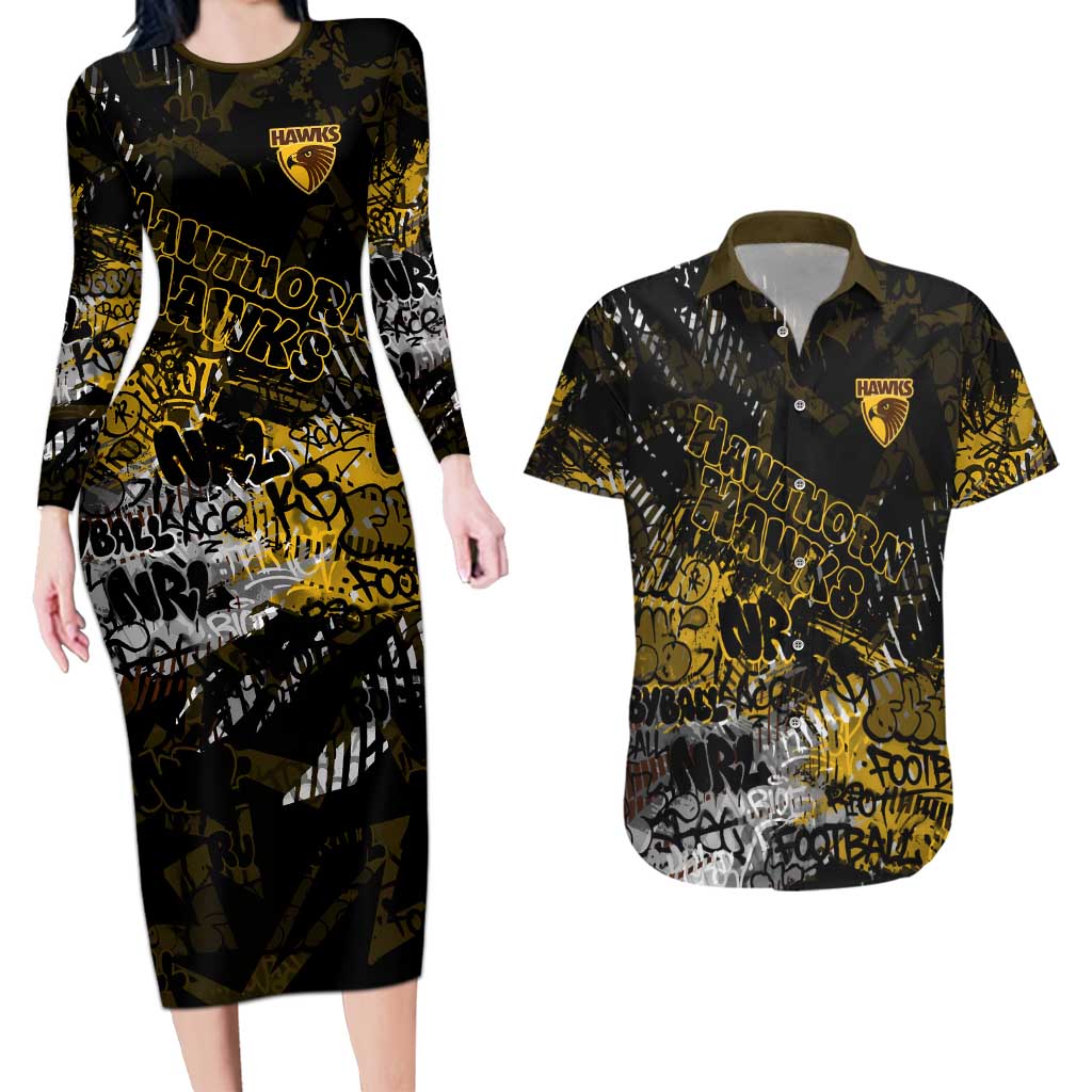 Hawthorn Hawks Couples Matching Long Sleeve Bodycon Dress and Hawaiian Shirt Urban Graffiti Street Art - Bold Abstract Spray Paint