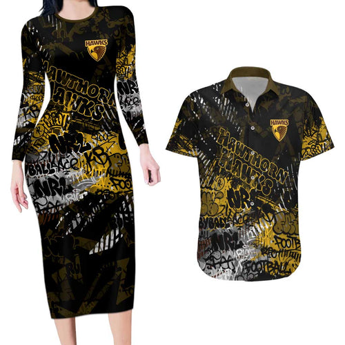 Hawthorn Hawks Couples Matching Long Sleeve Bodycon Dress and Hawaiian Shirt Urban Graffiti Street Art - Bold Abstract Spray Paint