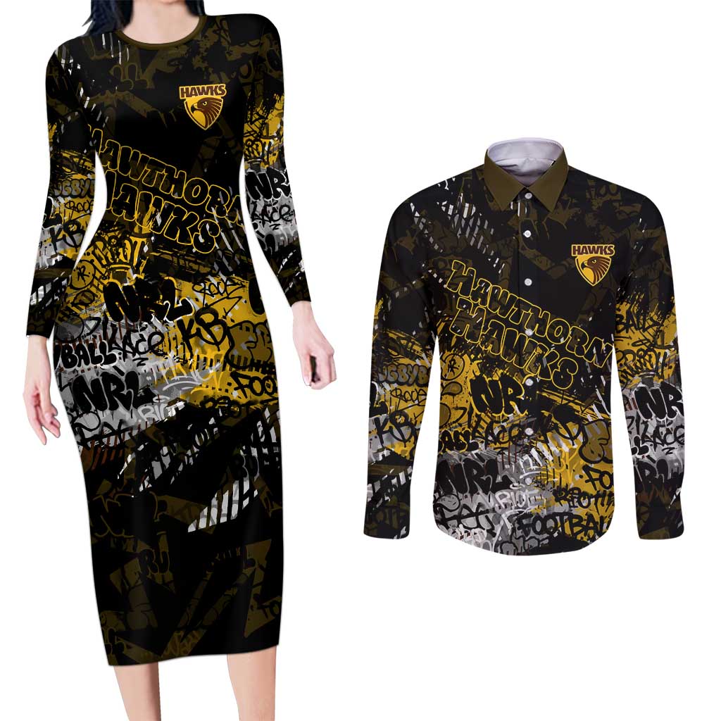 Hawthorn Hawks Couples Matching Long Sleeve Bodycon Dress and Long Sleeve Button Shirt Urban Graffiti Street Art - Bold Abstract Spray Paint