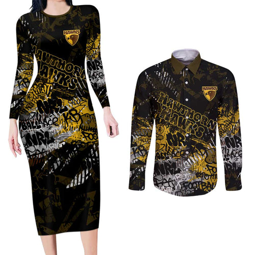 Hawthorn Hawks Couples Matching Long Sleeve Bodycon Dress and Long Sleeve Button Shirt Urban Graffiti Street Art - Bold Abstract Spray Paint