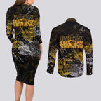 Hawthorn Hawks Couples Matching Long Sleeve Bodycon Dress and Long Sleeve Button Shirt Urban Graffiti Street Art - Bold Abstract Spray Paint