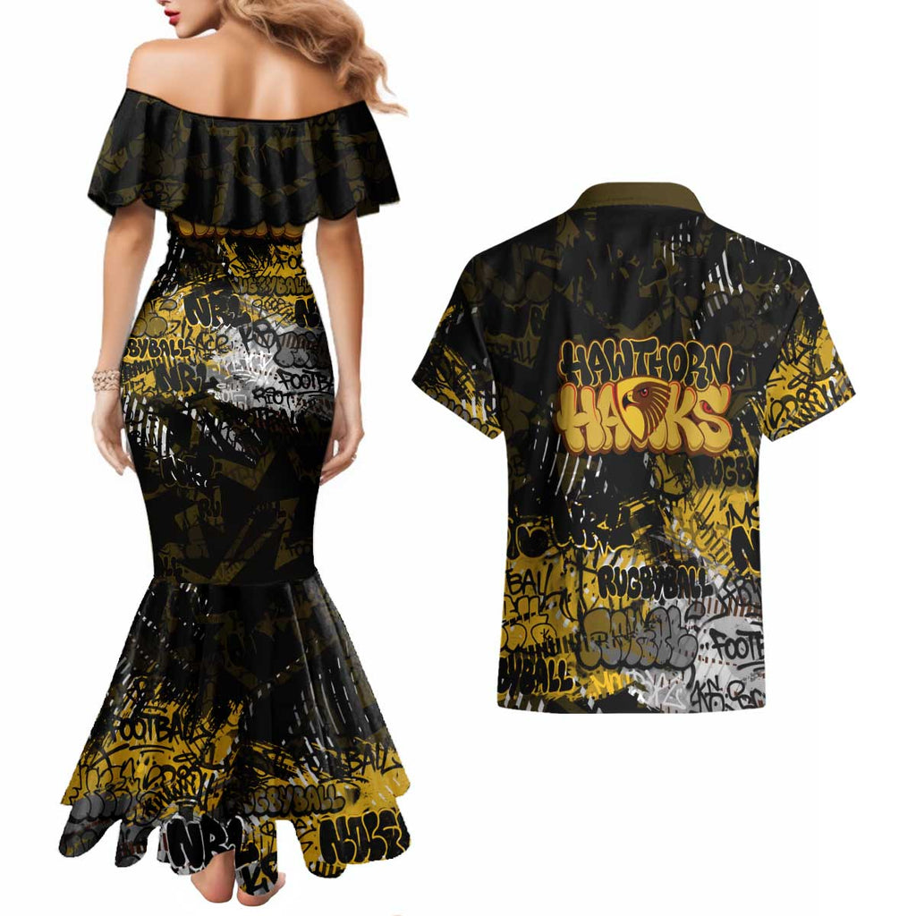Hawthorn Hawks Couples Matching Mermaid Dress and Hawaiian Shirt Urban Graffiti Street Art - Bold Abstract Spray Paint